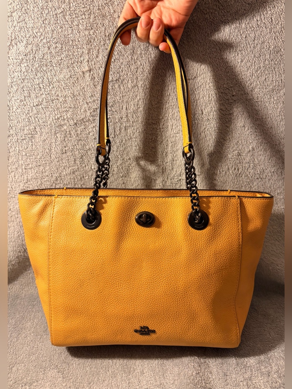 Coach Turnlock Mustard Yellow Leather Chain Tote No. 27 w/ Gunmetal Hardware